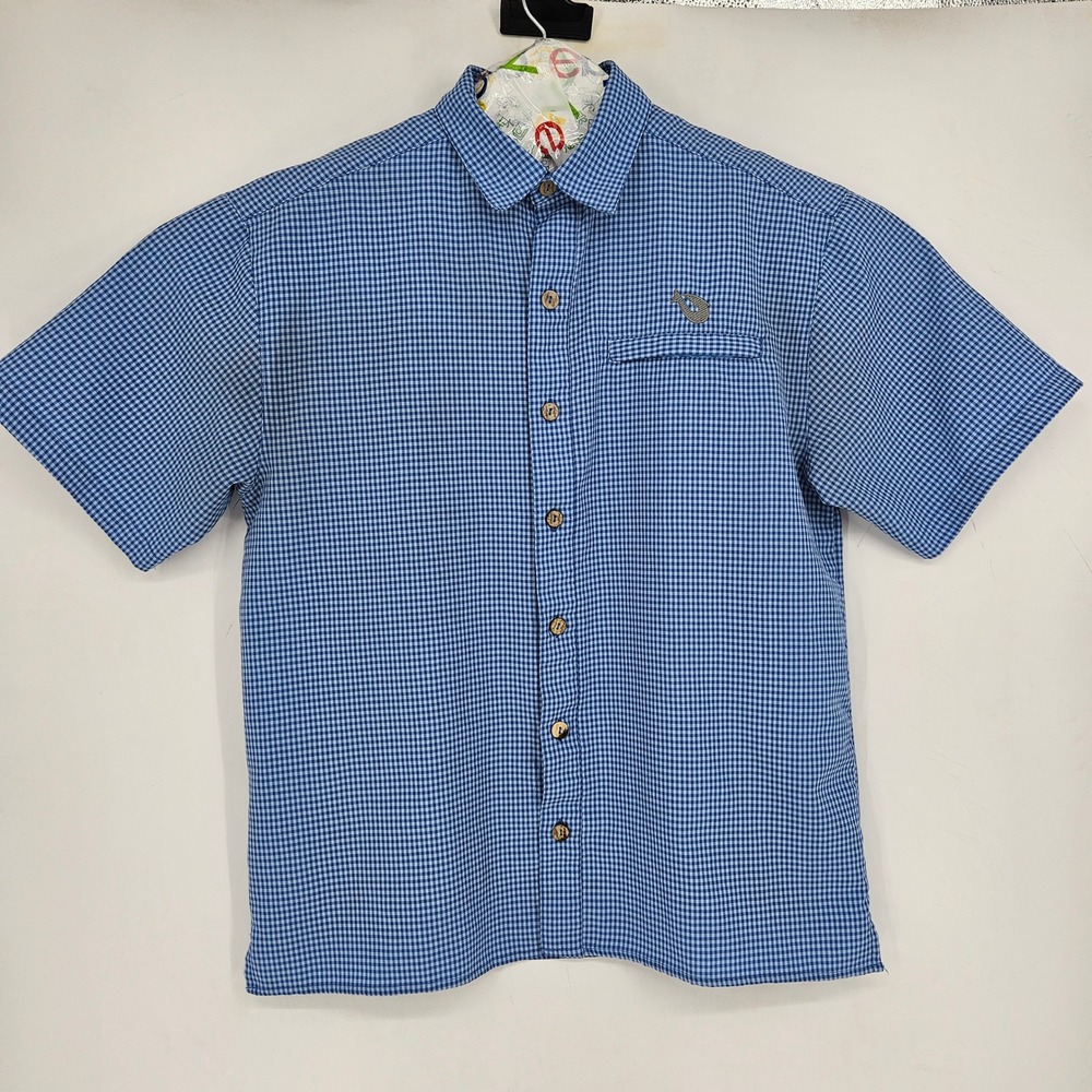 Mojo Shirt Mens‎ Medium Fishing Vented Blue Check Button Up Short Sleeve FLAWS